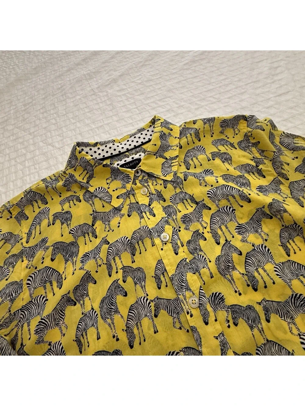Talbots Yellow Zebra Animal Print Button Up Shirt Long Sleeve Sz L Large